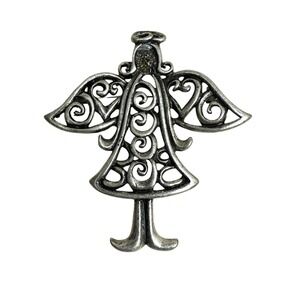 TC Angel Pin Brooch Silver Tone Ornate Wings Holiday Christmas 2 1/5‎ in H